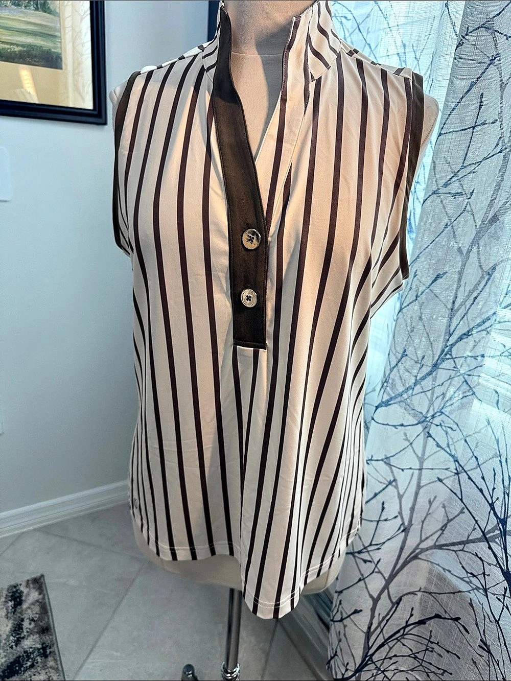 GGblue luxe sport Striped Sleeveless Blouse in White & Brown XL